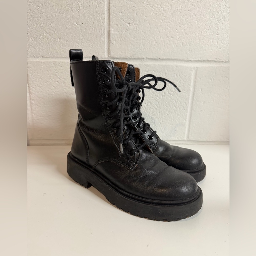 Zara Kids Black Leather Combat Boots size 4 US / 34 EU